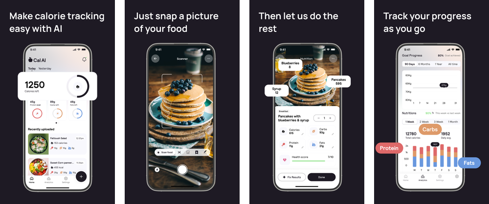 Cal AI App Store screenshots showing AI calorie tracking, meal scanning, macro results, and progress tracking
