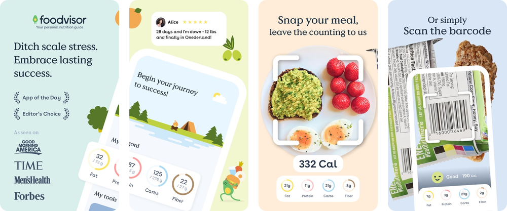 Foodvisor App Store screenshots showing AI calorie counter, photo logging, meal analysis, and coaching features