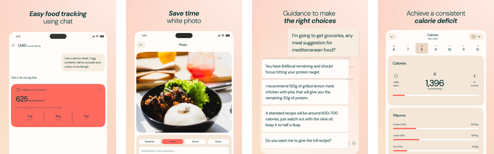 SnapCalorie App Store preview screenshots showing AI nutrition tracking and food analysis features