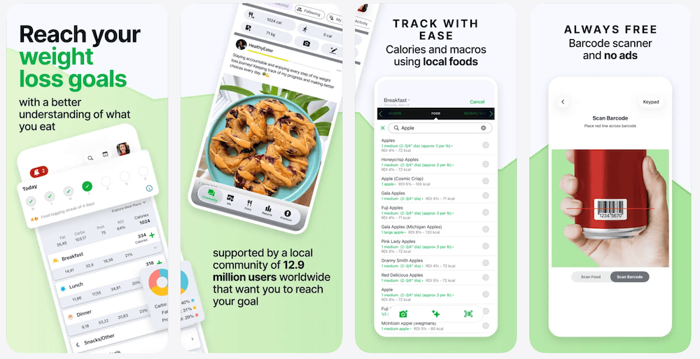 FatSecret App Store preview strip showing calorie counter, food diary, macro tracking, and weight tools