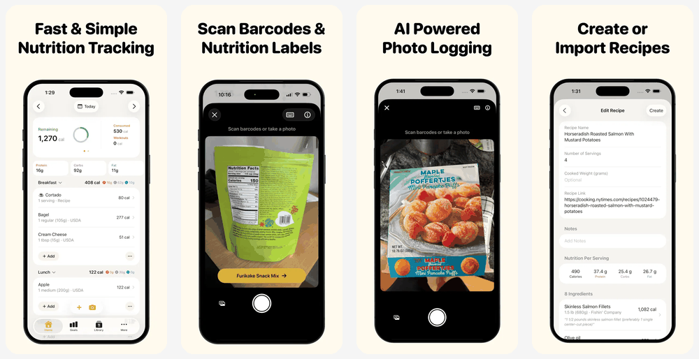 FitBee App Store preview strip showing calorie counter, macro tracking, and barcode scanning