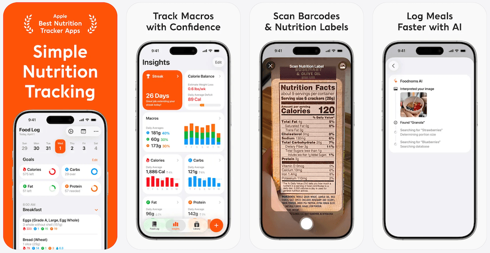 Foodnoms App Store preview strip showing Apple-native nutrition tracking and macro goals
