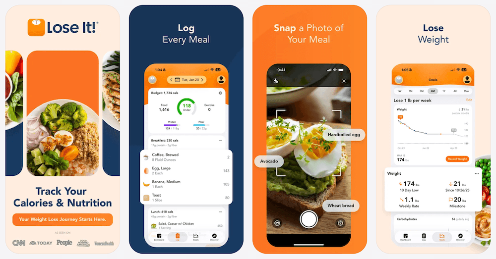 Lose It App Store preview strip showing calorie counting, food logging, and weight-loss progress