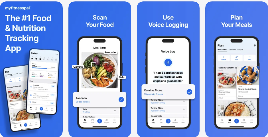 MyFitnessPal App Store preview strip showing calorie tracking, food logging, and nutrition features