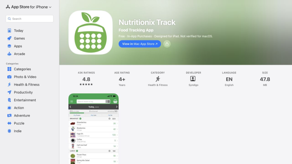 Nutritionix Track App Store page showing its food tracking app and barcode scanner