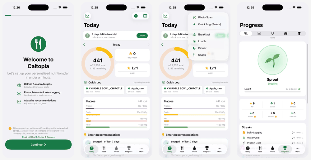 Caltopia App Store screenshots showing calorie and macro goals, the daily dashboard, local logging methods, and progress tracking