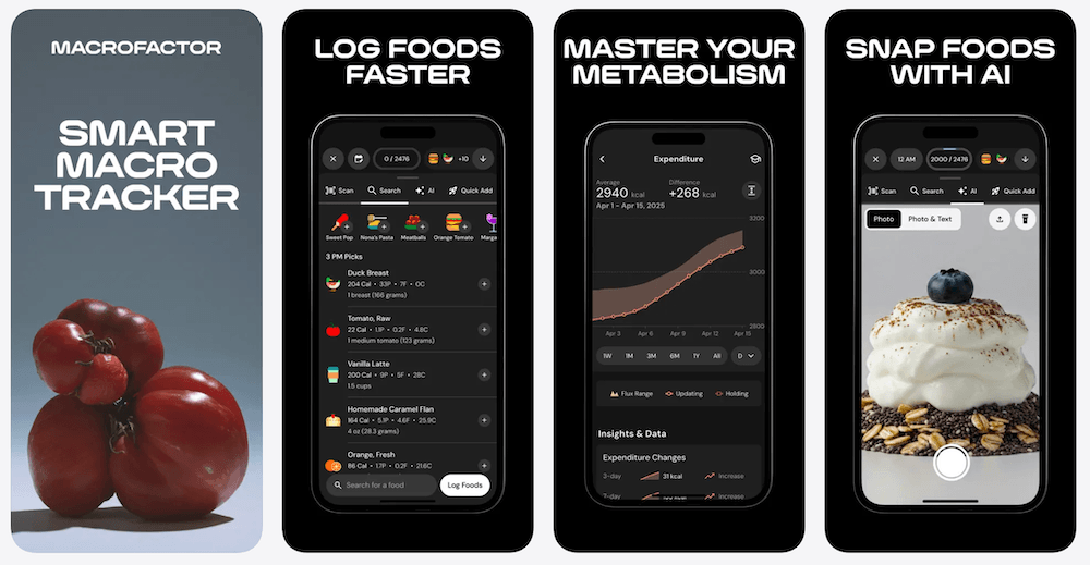 MacroFactor App Store screenshot strip showing macro tracking, coaching, and diet dashboard features