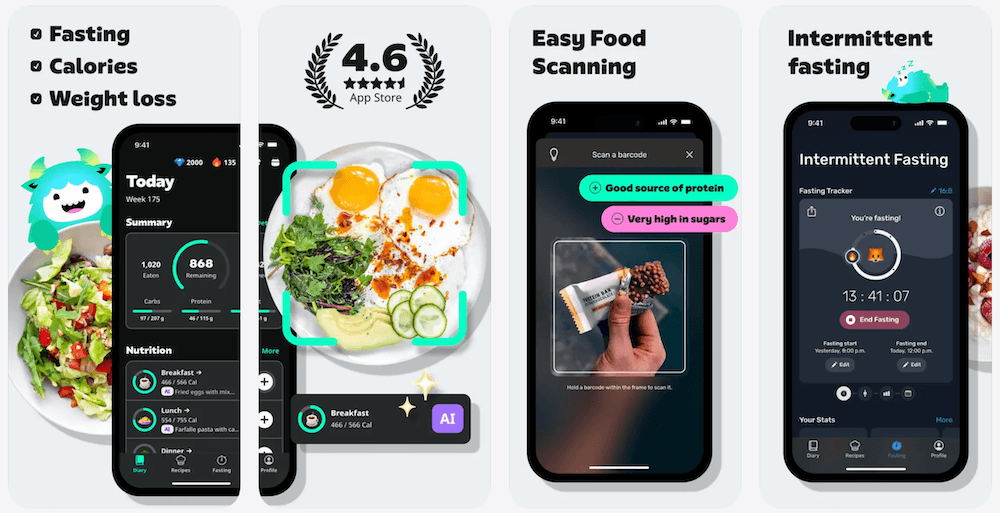 YAZIO App Store screenshot strip showing AI calorie tracking, fasting, recipes, and food logging features