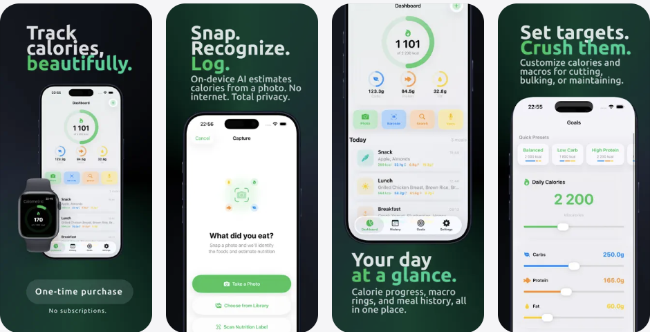 Calometric App Store screenshots showing calorie tracking, on-device AI food recognition, daily dashboard, and goal settings