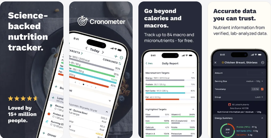 Cronometer App Store screenshots showing calorie tracking, micronutrient tracking, food logging, and nutrition reports