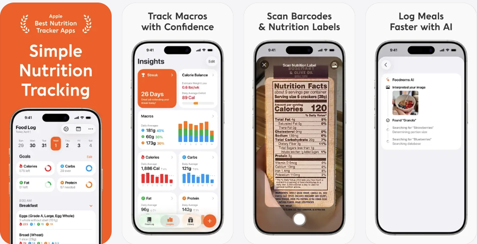 Foodnoms App Store screenshots showing nutrition tracking, food logging, Apple Watch support, and macro goal features