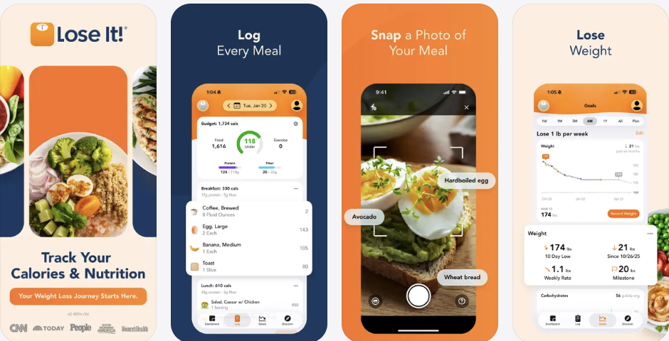 Lose It App Store screenshots showing calorie counter features, weight loss tracking, macro logging, and food database tools