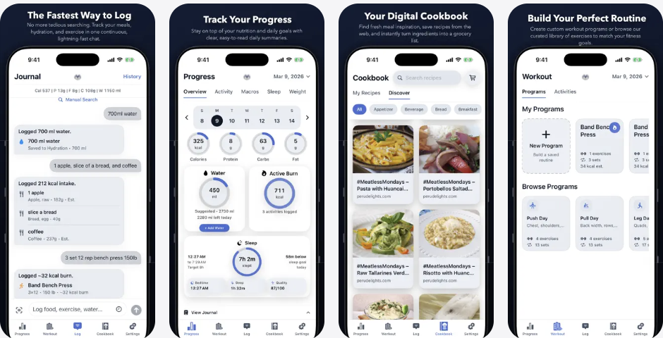 Macrios App Store screenshots showing local-first macro tracking, calorie logging, grocery planning, and gym tracking features