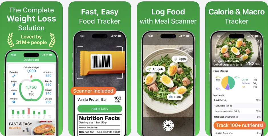 MyNetDiary App Store screenshots showing calorie counter tools, food database features, macro tracking, and diet planning
