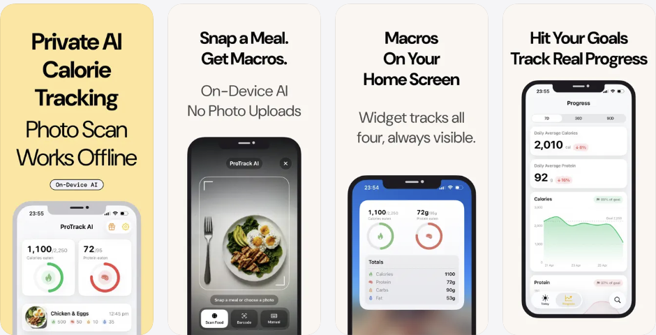 ProTrack AI App Store screenshots showing private AI calorie tracking, meal photo scanning, home screen widget, and progress charts