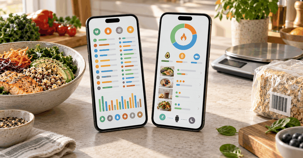 Two calorie tracking approaches shown beside a balanced meal, kitchen scale, and packaged food barcode