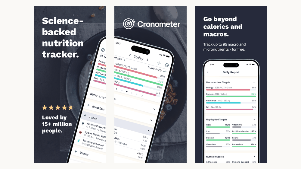 Current Cronometer App Store screenshots showing its diary and detailed nutrient reports