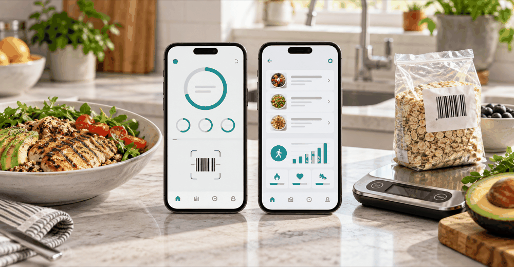 Two calorie tracking approaches shown with a balanced meal, packaged-food barcode, and kitchen scale