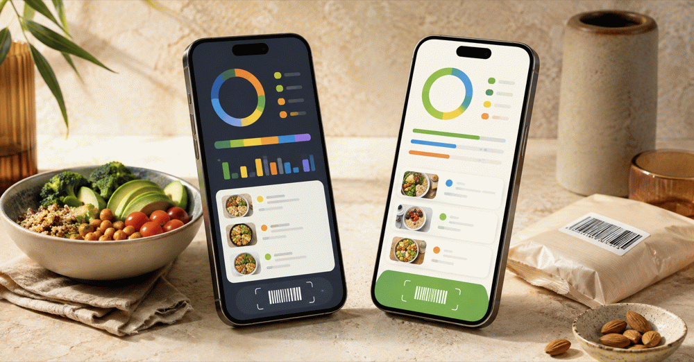 Two calorie tracking apps compared beside a meal and a packaged food barcode