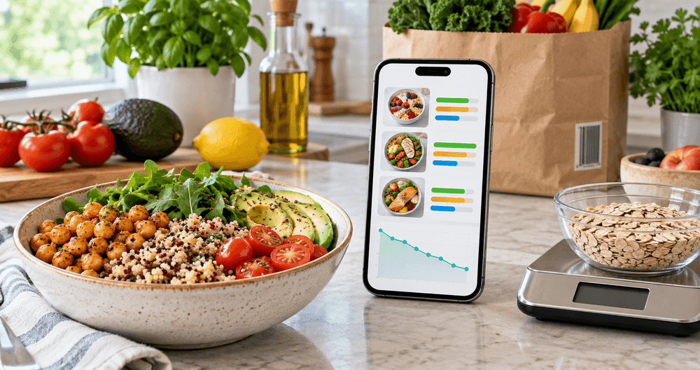 Illustrative food-tracking routine with a phone, a quinoa and chickpea bowl, groceries, and a kitchen scale