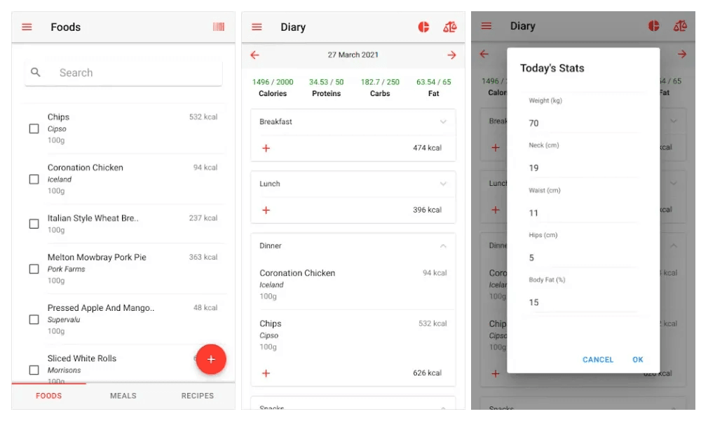 Waistline official Android screenshots showing its local food list, daily nutrition diary, and weight statistics