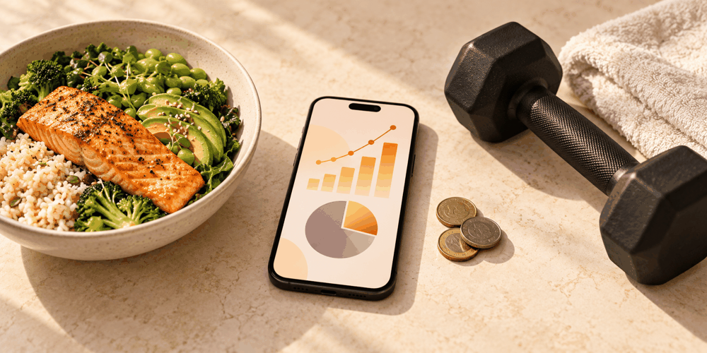 Illustration of nutrition and strength training costs with a meal, phone, coins and dumbbell