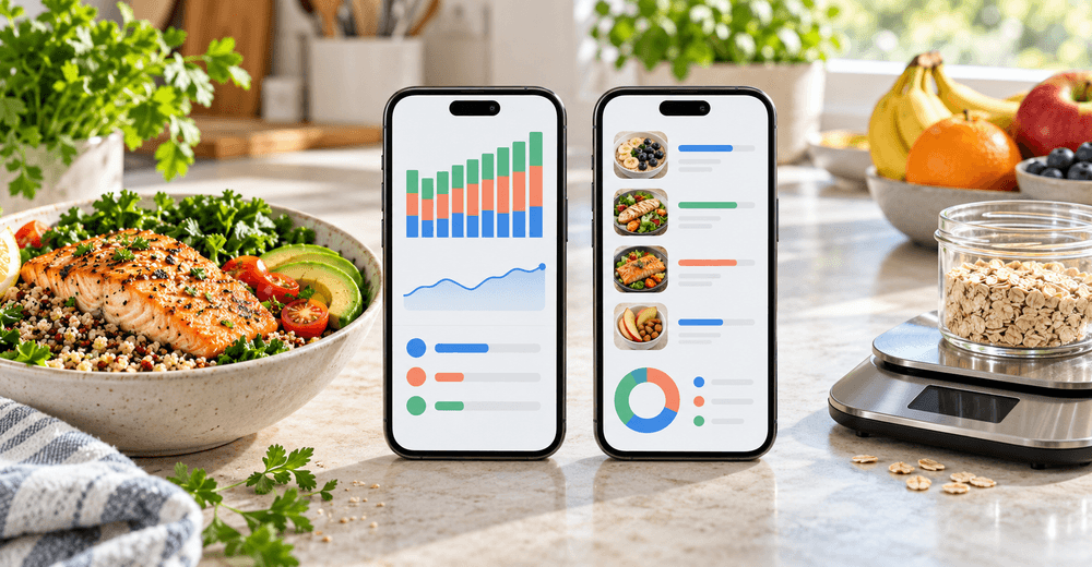 Illustrative nutrition app comparison with two phones, a balanced meal, and a kitchen scale