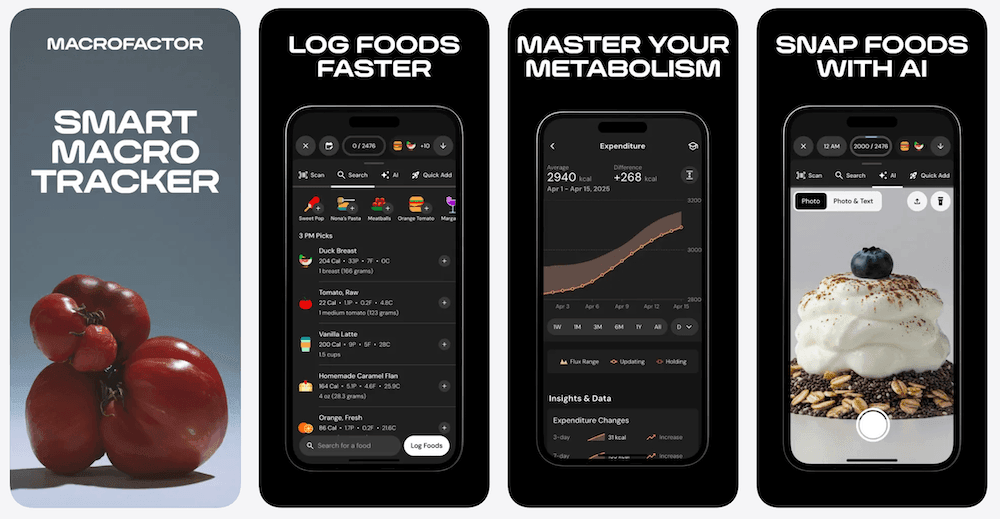 MacroFactor official screenshots showing nutrition tracking, macro targets, expenditure, and coaching