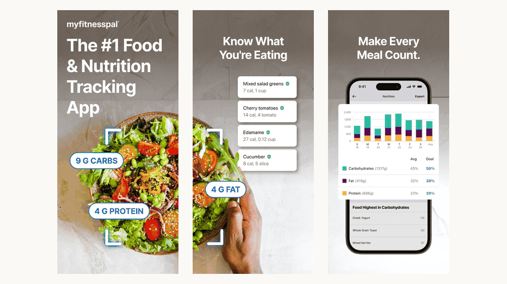 MyFitnessPal official screenshots showing its diary, nutrition goals, logging, and progress tools
