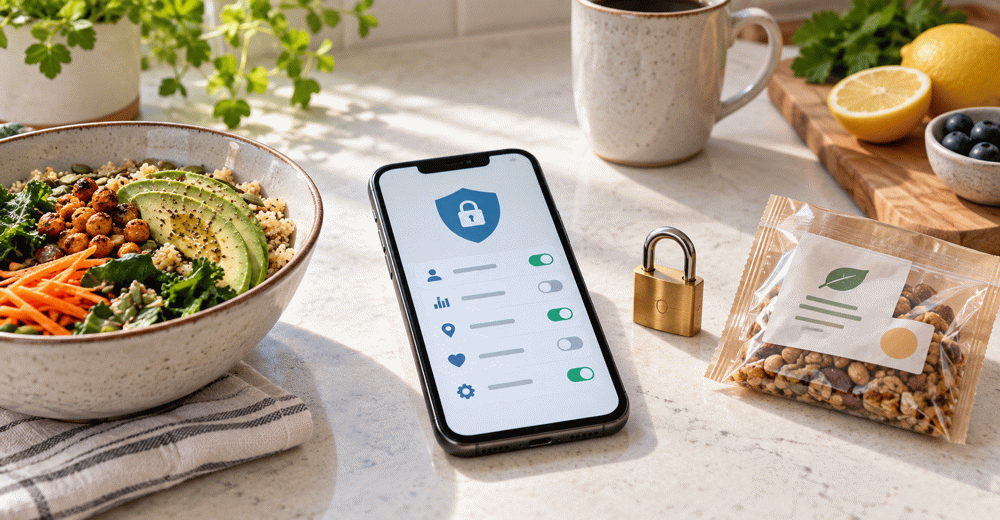 A phone showing generic privacy controls beside a healthy meal, packaged food, and brass padlock