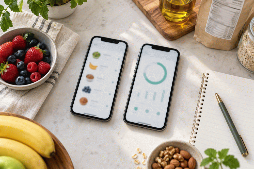 Two phones beside breakfast foods representing a choice between calorie tracking apps