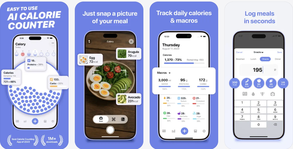 Calory App Store screenshots showing Apple Watch-friendly calorie and macro tracking