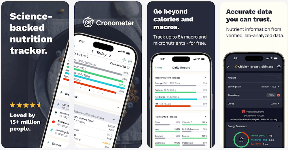 Cronometer App Store screenshots showing detailed nutrition and calorie tracking