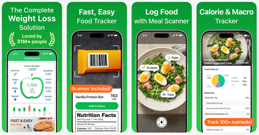 MyNetDiary App Store screenshots showing calorie tracking