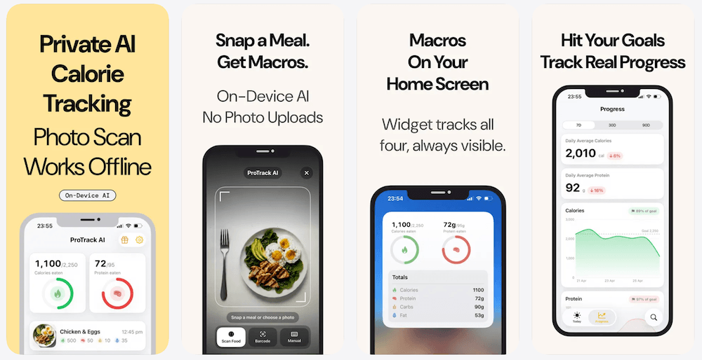ProTrack AI App Store screenshots showing daily tracking, manual logging, barcode lookup, and meal scanning