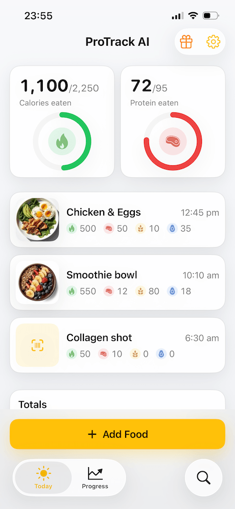 ProTrack AI home screen showing daily calorie and macro progress