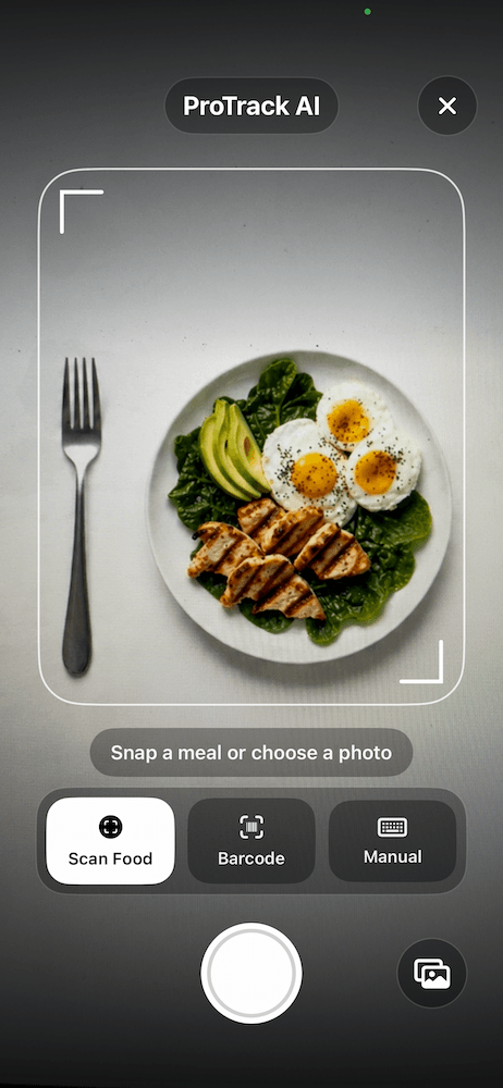 ProTrack AI photo scanning a meal on iPhone