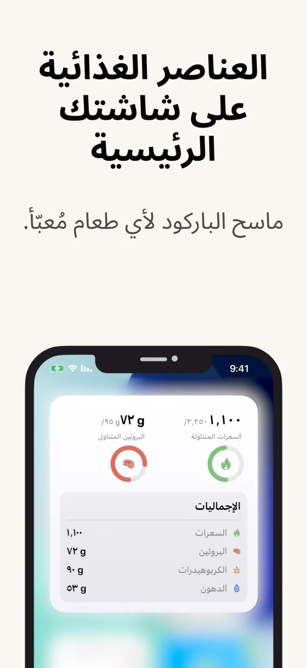 ودجت الشاشة الرئيسية مع السعرات والماكروز والوزن