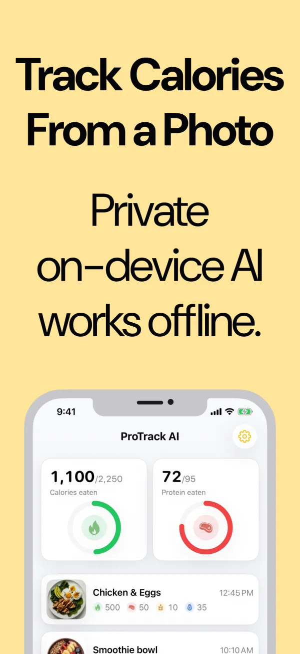 ProTrack AI Today screen showing calories and protein eaten, with the caption Track calories from a photo