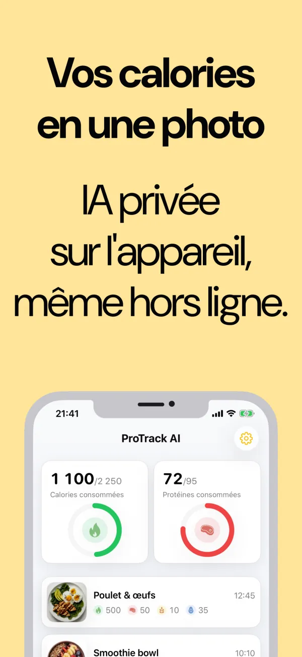 Écran Aujourd’hui avec les calories et protéines consommées, enregistrées par photo