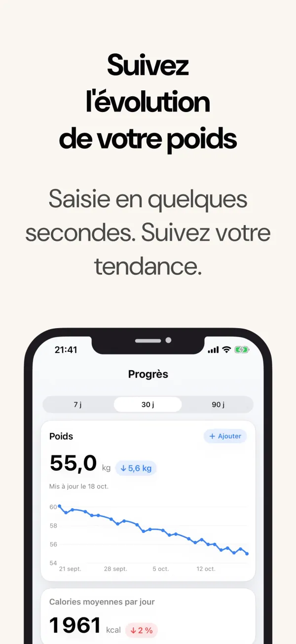 Onglet Progrès avec l’évolution du poids