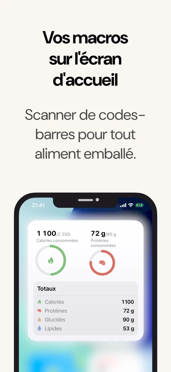 Widget d’écran d’accueil avec calories, macros et poids