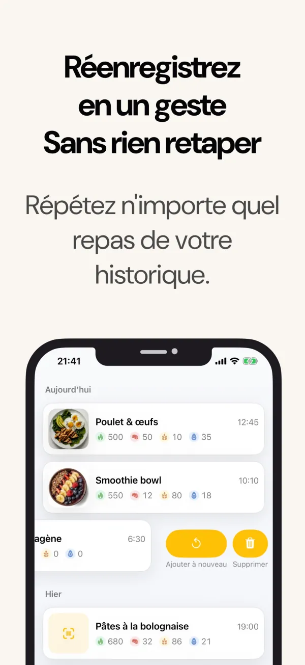 Réenregistrer un repas de l’historique en un geste