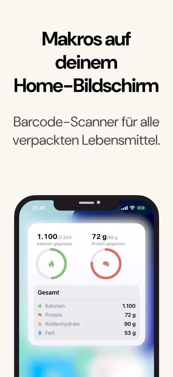 Widget für den Home-Bildschirm mit Kalorien, Makros und Gewicht