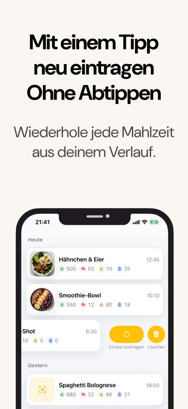 Mahlzeiten aus dem Verlauf mit einem Tipp neu eintragen
