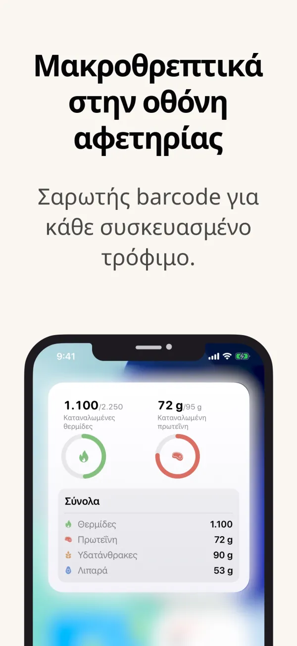 Widget οθόνης Αφετηρίας με θερμίδες, μακροθρεπτικά και βάρος