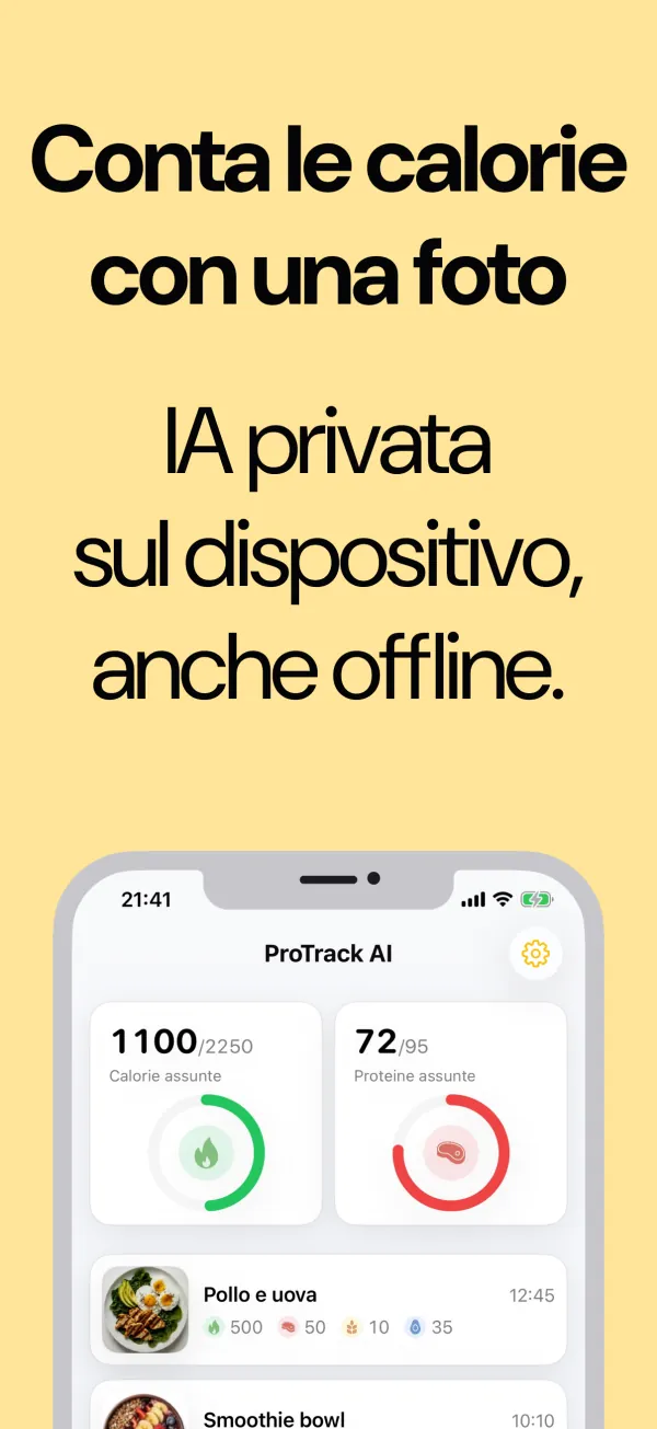 Schermata Oggi con calorie e proteine consumate, registrate da una foto