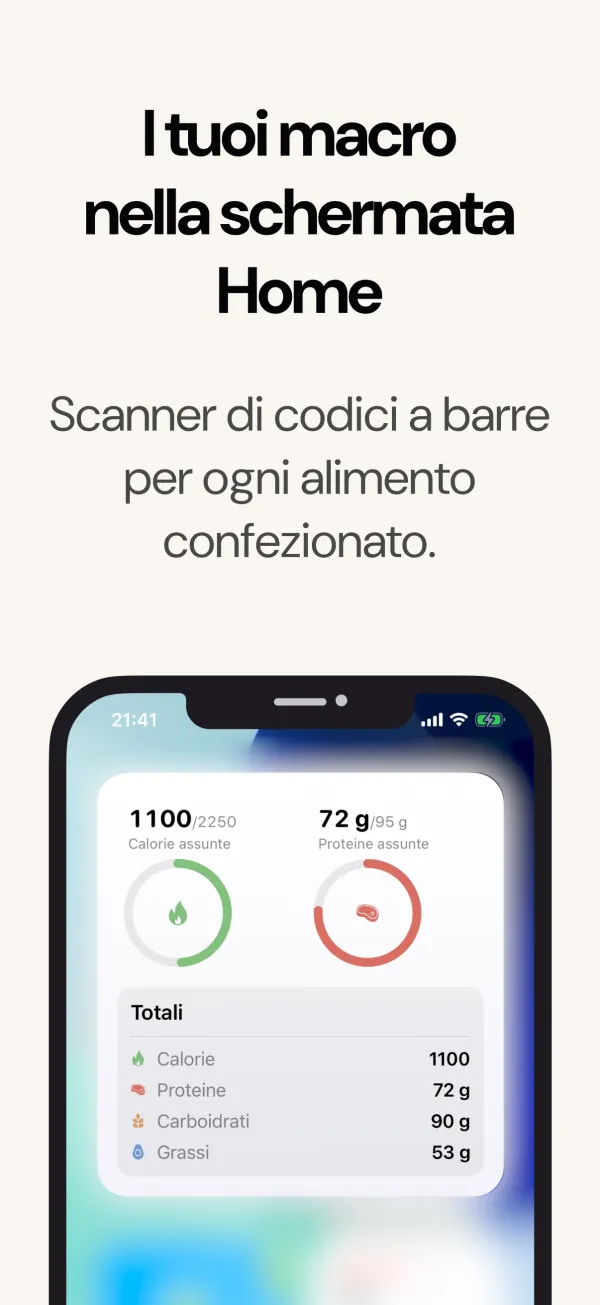 Widget per la schermata Home con calorie, macro e peso