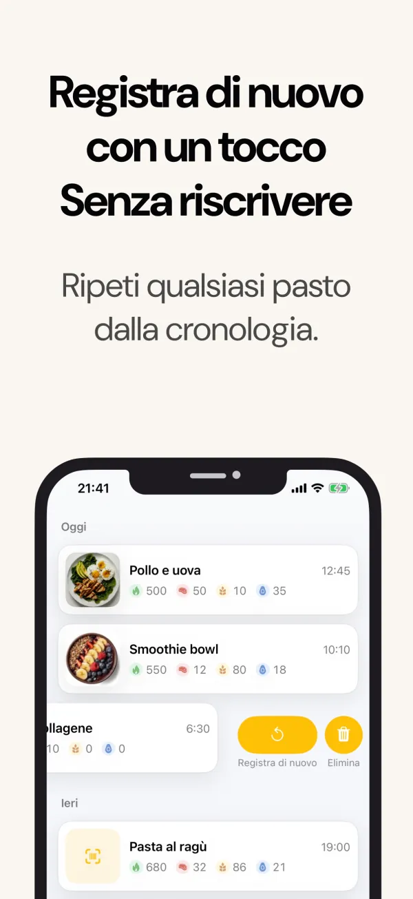 Registra di nuovo un pasto dalla cronologia con un tocco