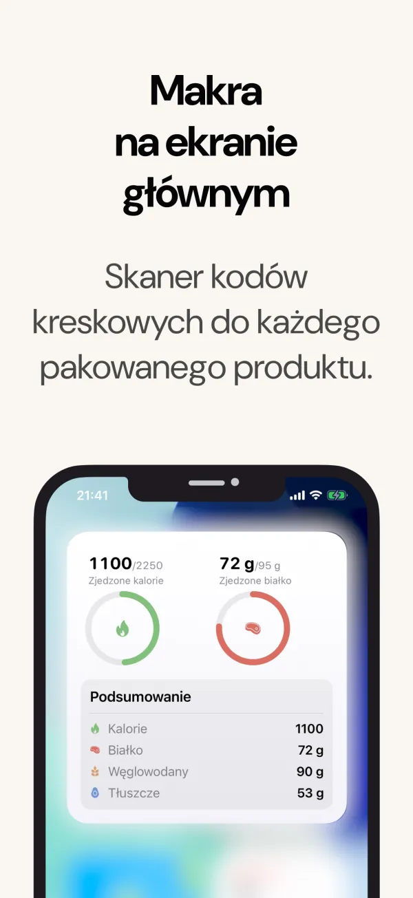 Widget na ekranie początkowym z kaloriami, makro i wagą